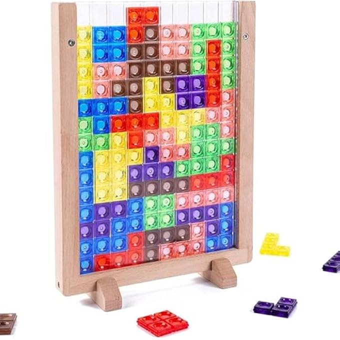 WOODEN TETRIS PUZZLE BRAIN TEASERS TOY - 3D BRAIN TEASER PUZZLES WOODEN BLOCKS - TANGRAM JIGSAW INTELLIGENCE COLORFUL 3D RUSSIAN BLOCKS GAME STEM MONTESSORI EDUCATIONAL GIFT FOR BABY KIDS - Image 1